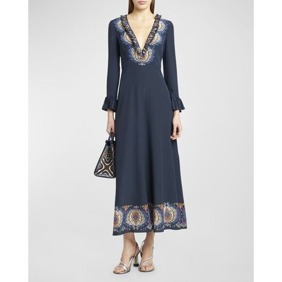 Etro Plunging Engineer Border-Print Ruffle Cady Midi Dress IT42/US6 - Picture 1 of 14